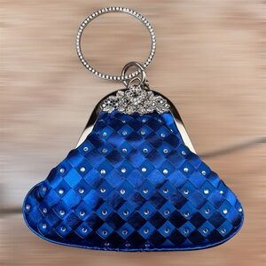 Glamorous Blue Quilted Faux Leather  Wristlet with Metallic Accents